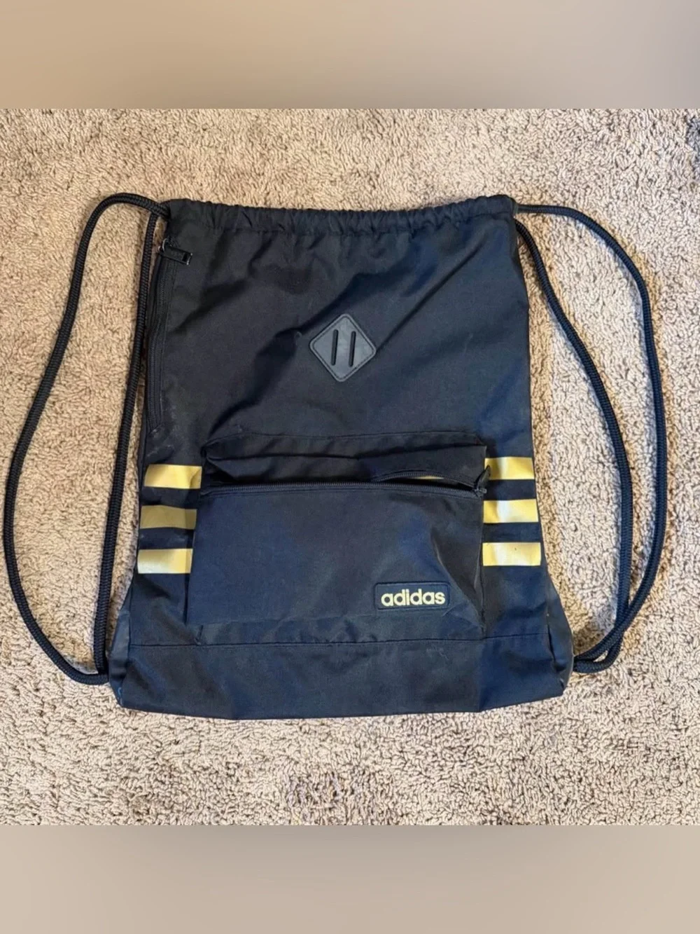adidas Black Drawstring Sack with Gold Stripe Accents
